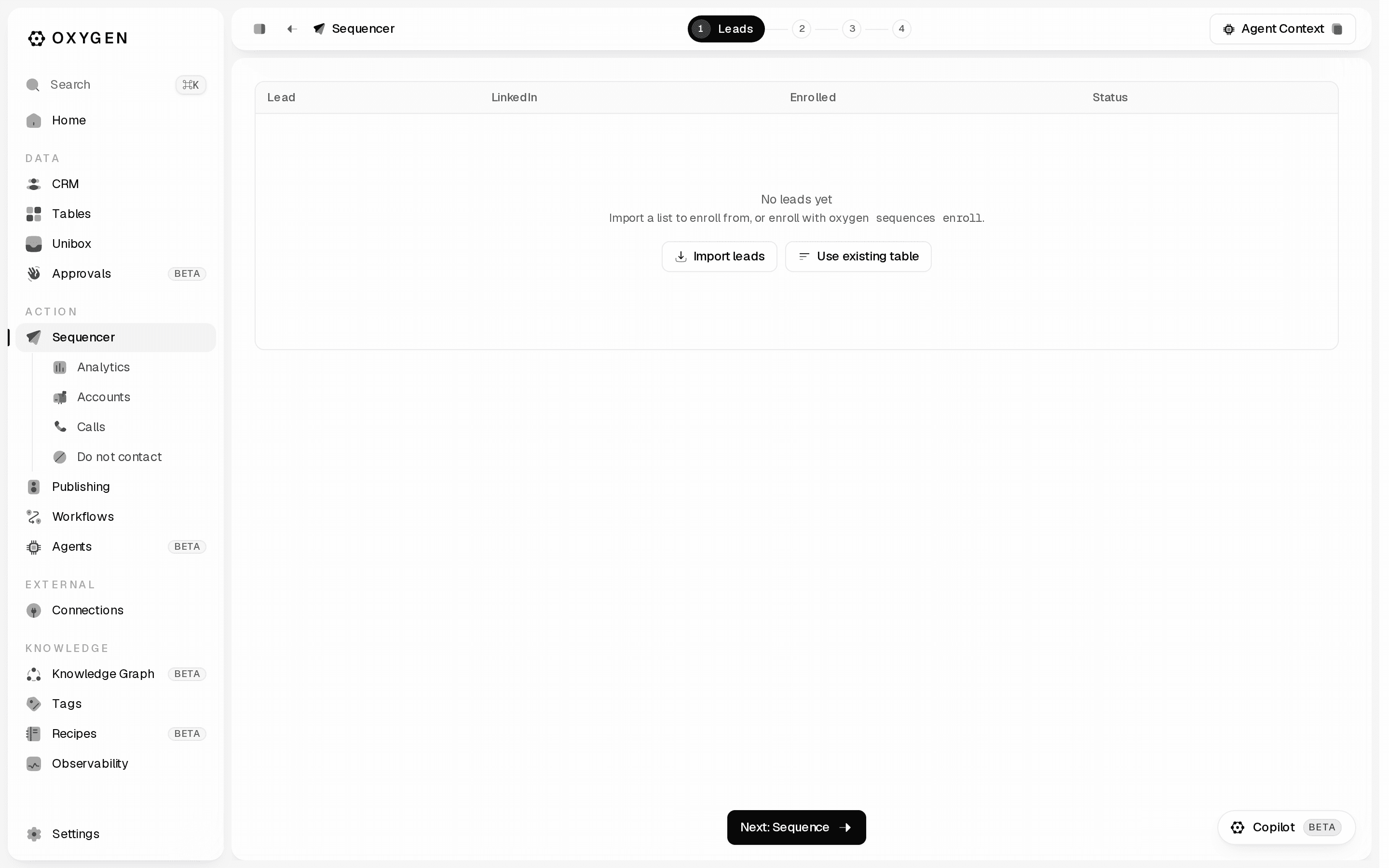 The sequence editor's four stages: Leads, Sequence, Senders, Launch