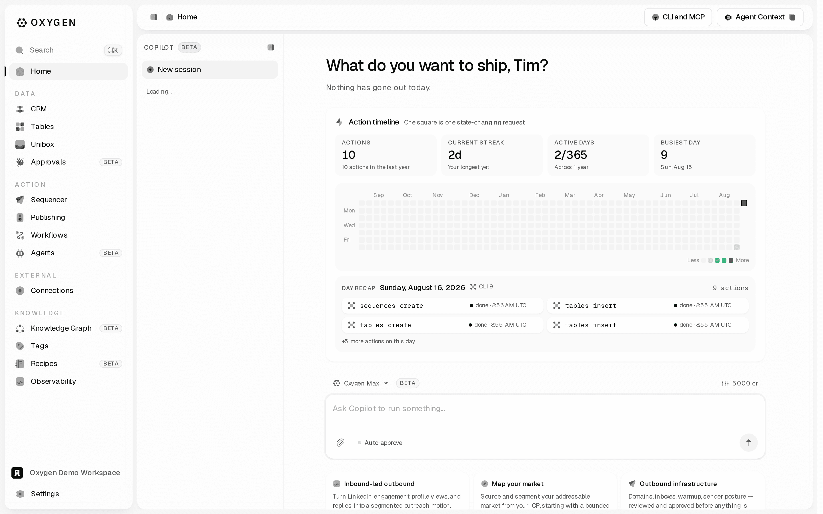 The workspace home: standup headline, Needs you list, and the sidebar