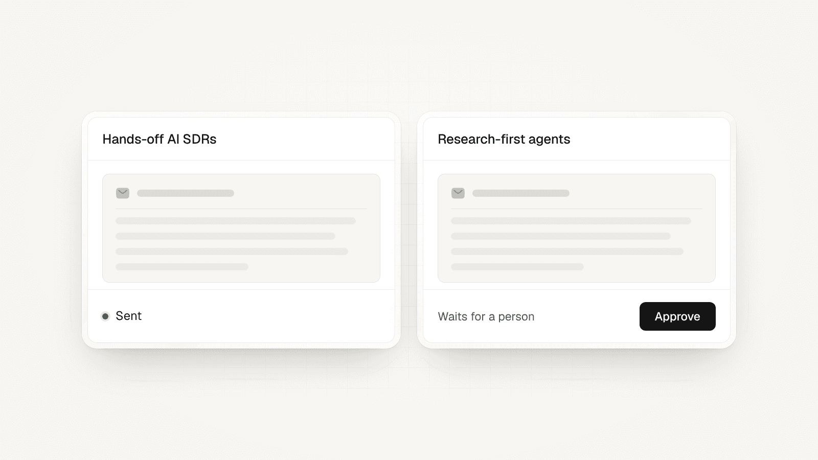 Two panes with the same draft: hands-off AI SDRs, sent; research-first agents, it waits for a person, with an Approve button.