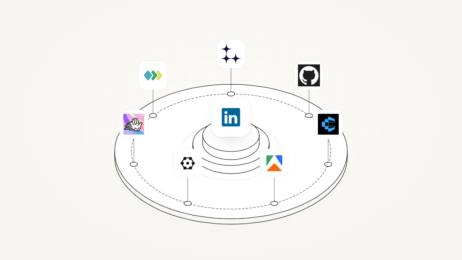 The LinkedIn mark on an isometric puck, with the marks of the seven LinkedIn MCP servers on the list on one dashed orbit.