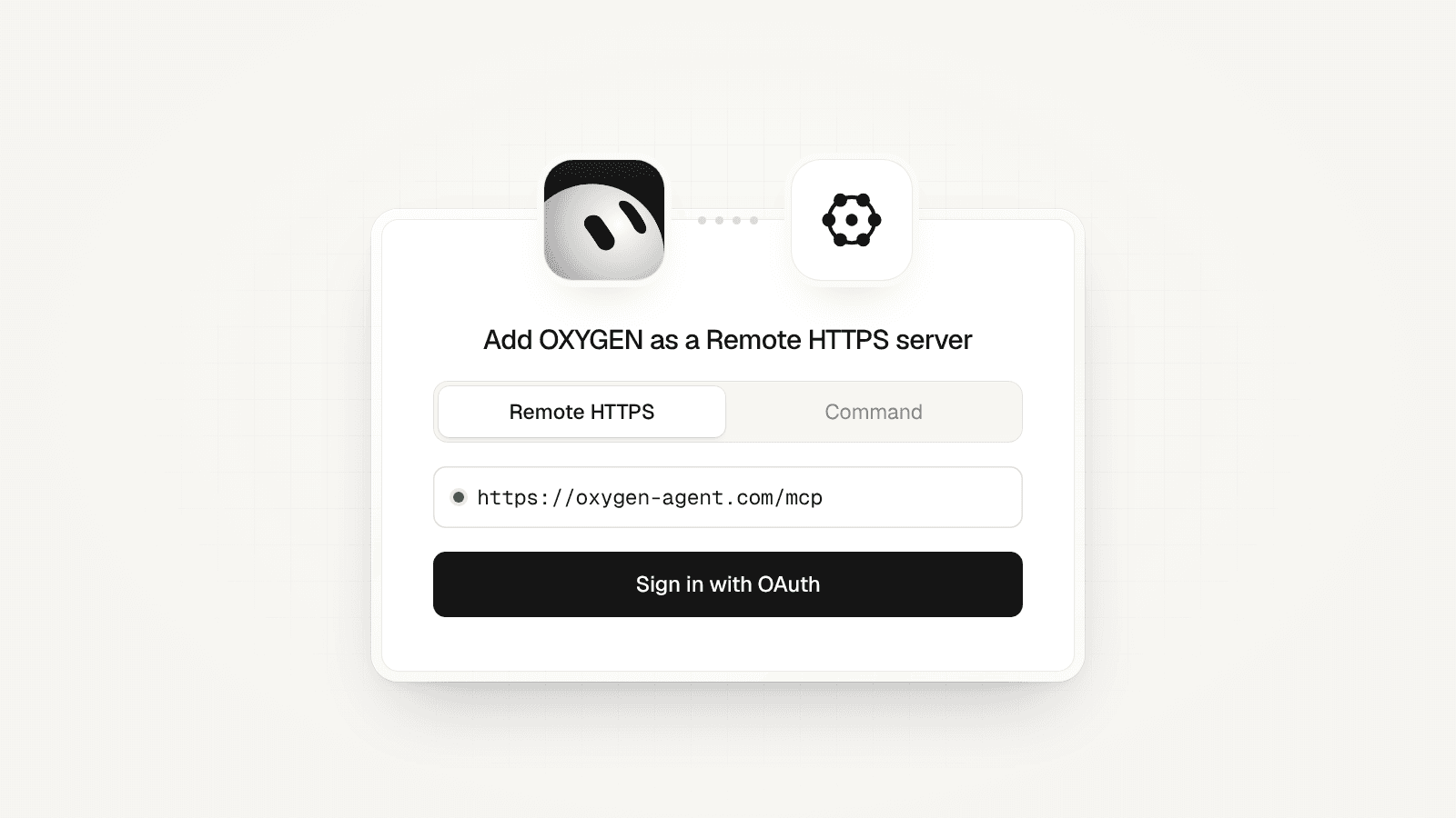 A connect card with the Grok Bot mark linked to the OXYGEN mark: Remote HTTPS, https://oxygen-agent.com/mcp, and Sign in with OAuth.