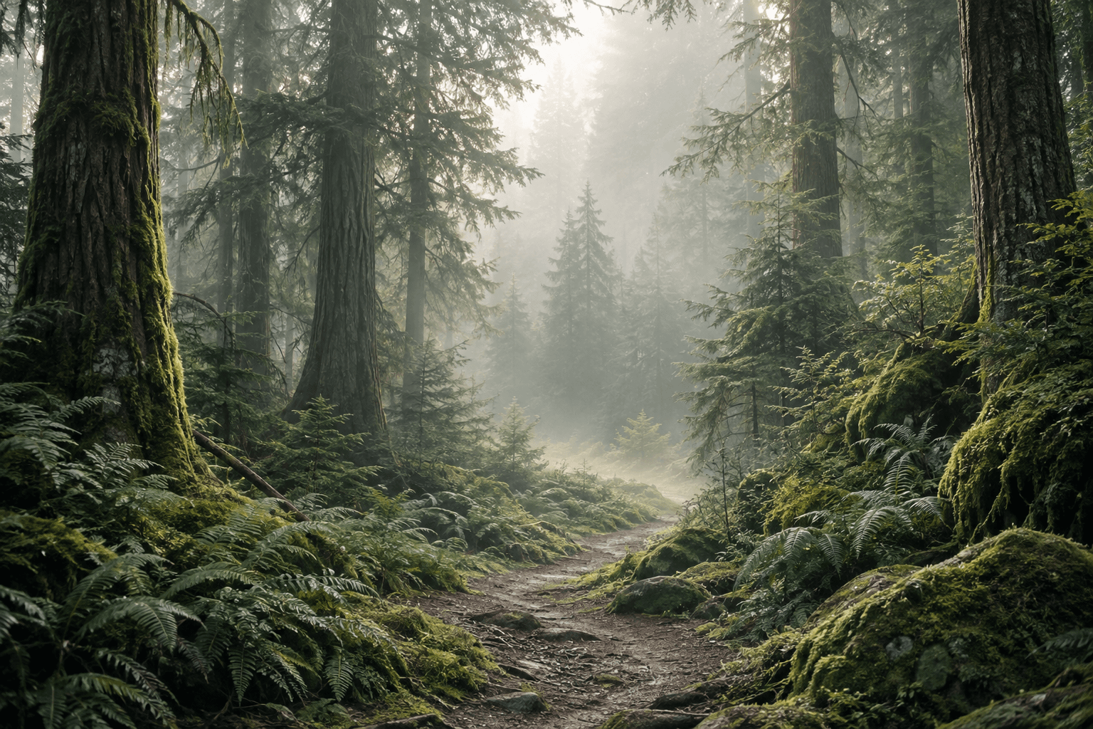 A dirt path winding through a misty old-growth forest