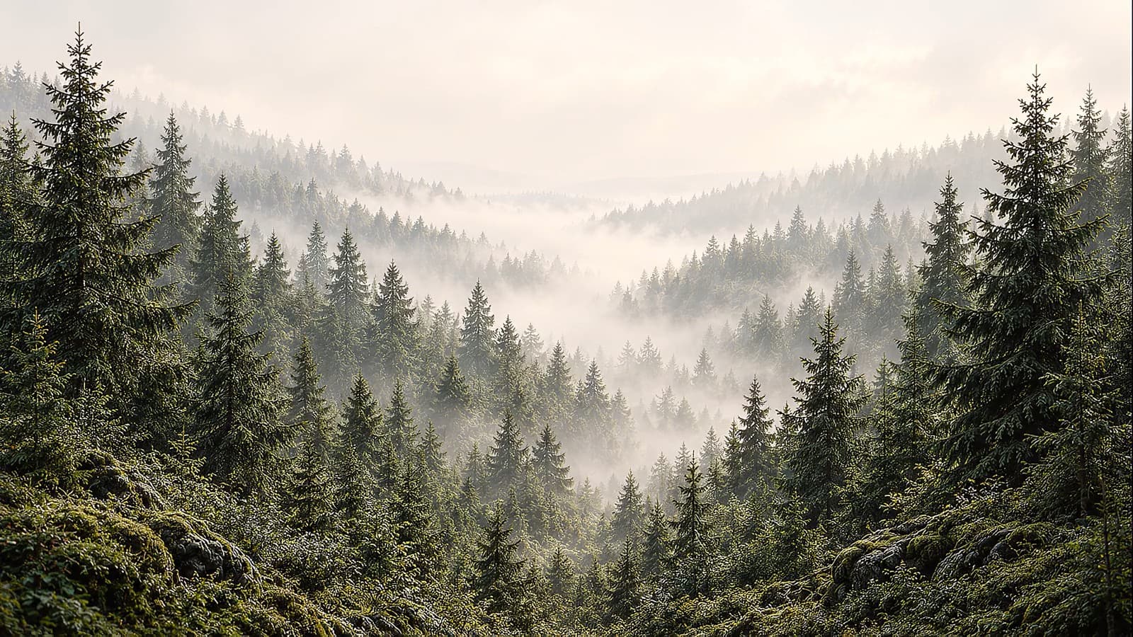 Misty evergreen forest filling a valley